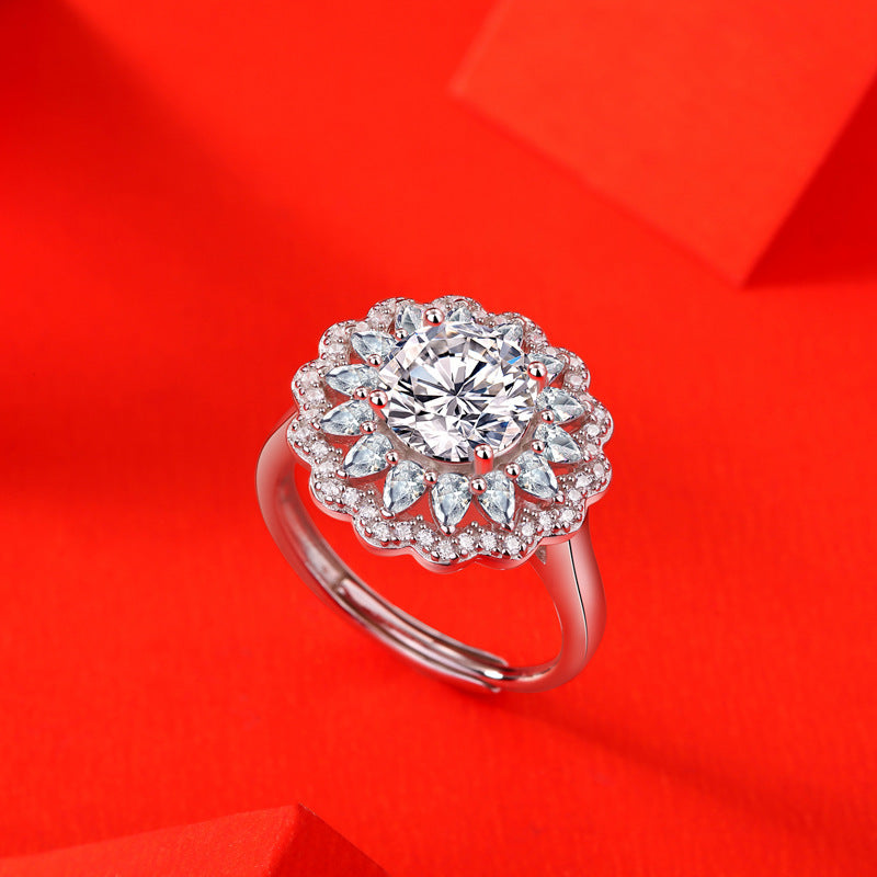 Adjustable flower ring with moissanite in S925 silver